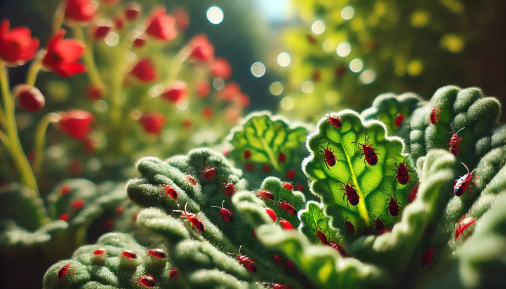 Close-up of tiny red bugs on a green leaf.