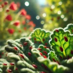 Close-up of tiny red bugs on a green leaf.