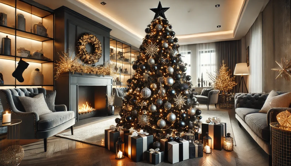 A beautifully decorated black Christmas tree in a modern living room.