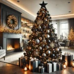 A beautifully decorated black Christmas tree in a modern living room.