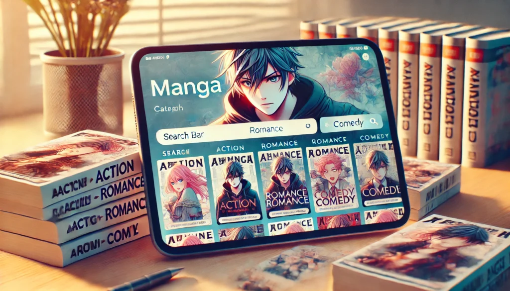 Online manga platform Manganato homepage showcasing manga genres and search features