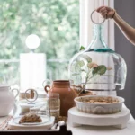 A stylish garden cloche protecting plants in a sunny backyard.