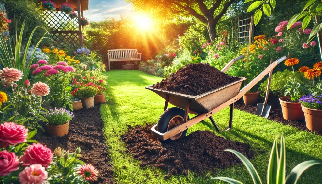 A lush garden with freshly spread topsoil near me showcasing rich, dark soil ready for planting.