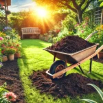 A lush garden with freshly spread topsoil near me showcasing rich, dark soil ready for planting.