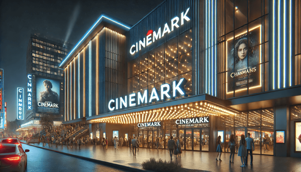 A Cinemark movie theater entrance with glowing marquee lights at night.