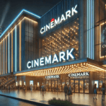 A Cinemark movie theater entrance with glowing marquee lights at night.