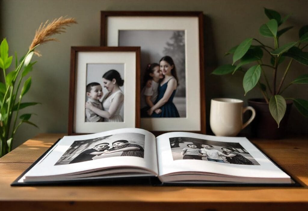 A collection of personalized tributeprintedpics showcasing framed family photos, a memory collage, and a custom photo book.