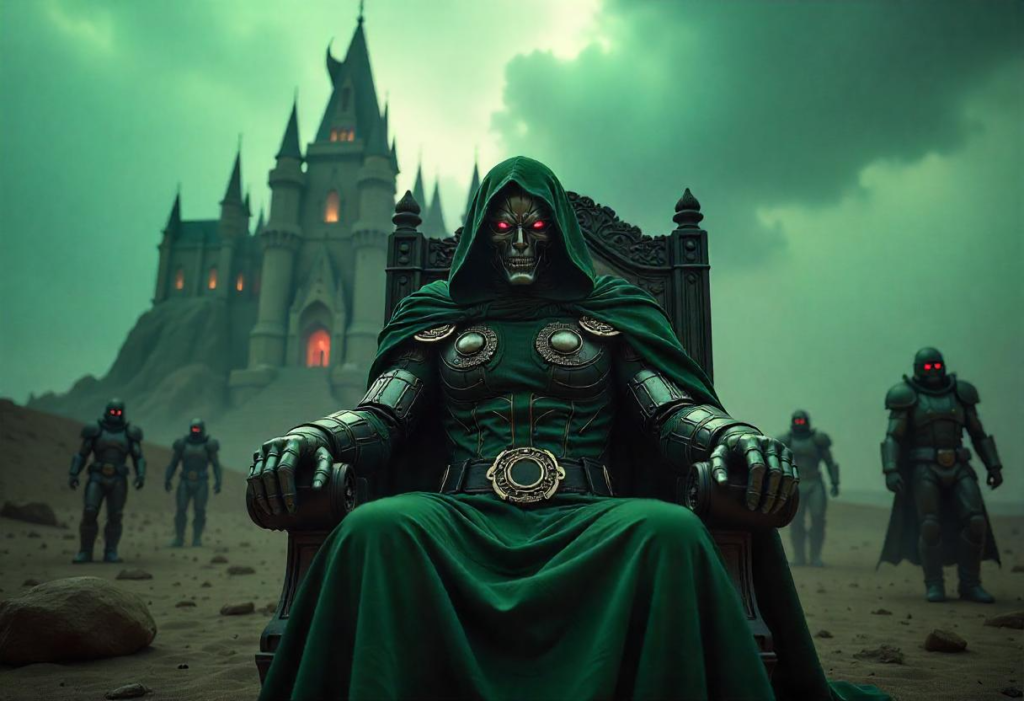 Dr Doom in his iconic armor, standing in Latveria with an ominous look.