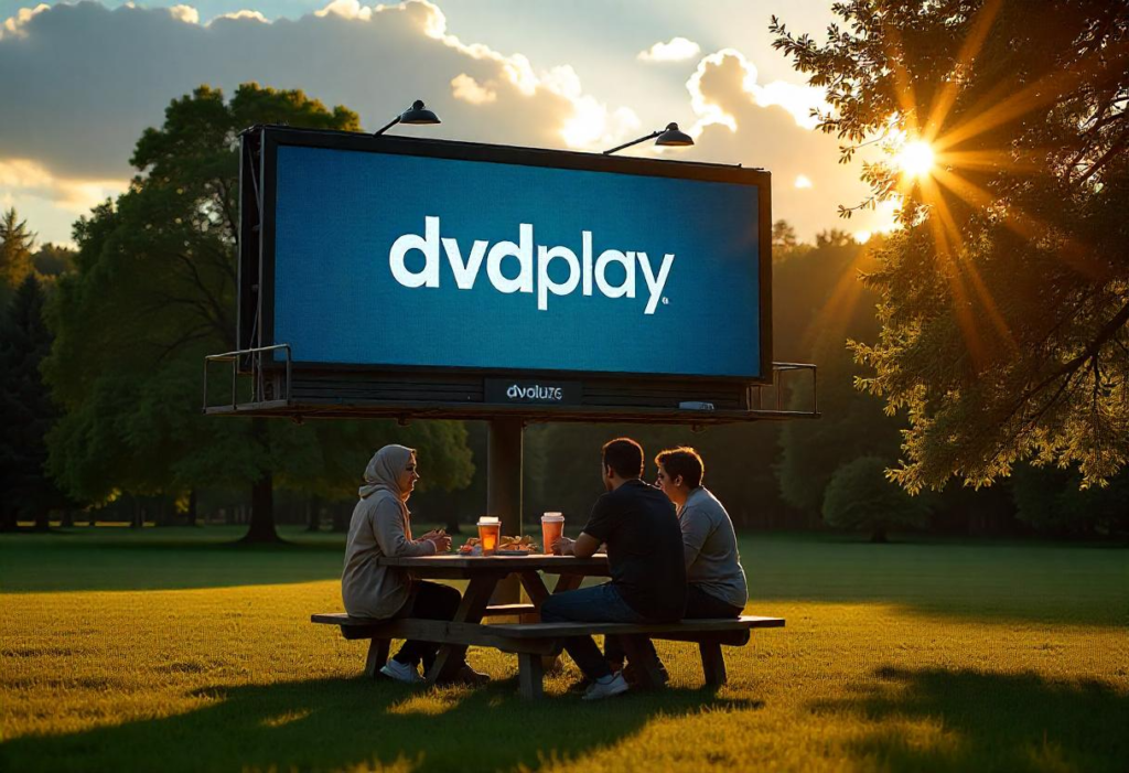 A visually appealing landscape image representing a "free movie streaming platform" theme with a focus on DVDplay ICU.