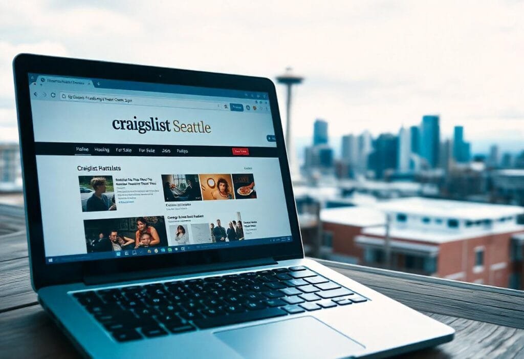 A snapshot of Craigslist Seattle’s homepage on a laptop with Seattle’s cityscape in the background.