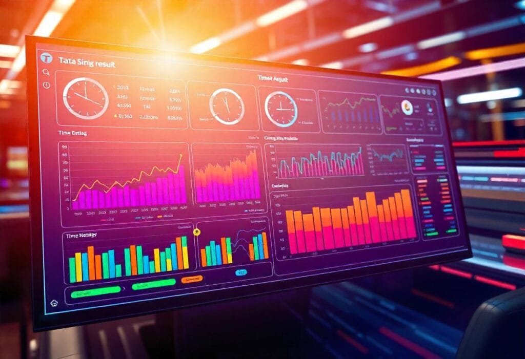 A sleek, professional dashboard displaying time-sensitive data and analytics, featuring graphs, charts, and tables that represent trends and outcomes. The vibrant colors and clean design signify accuracy, transparency, and real-time updates associated with the Tata Time Result system. The background subtly reflects technological advancements with a futuristic, digital theme.