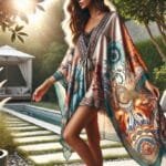 A fashionable woman wearing a modern kaftan in a breezy outdoor setting.