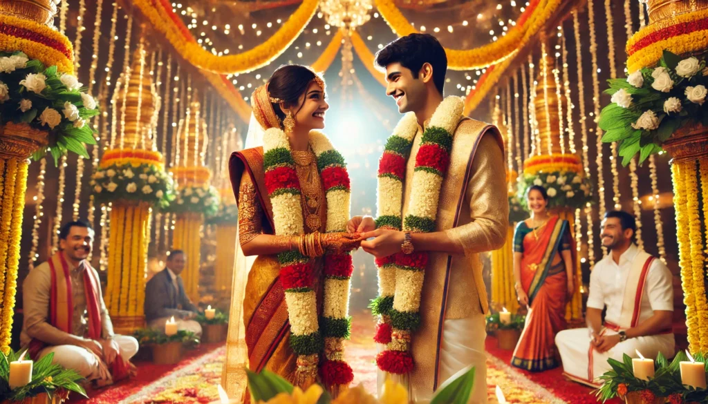 A happy Tamil couple dressed in traditional attire, exchanging garlands at a beautifully decorated wedding mandapam, with warm lighting and a joyful atmosphere.