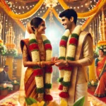 A happy Tamil couple dressed in traditional attire, exchanging garlands at a beautifully decorated wedding mandapam, with warm lighting and a joyful atmosphere.