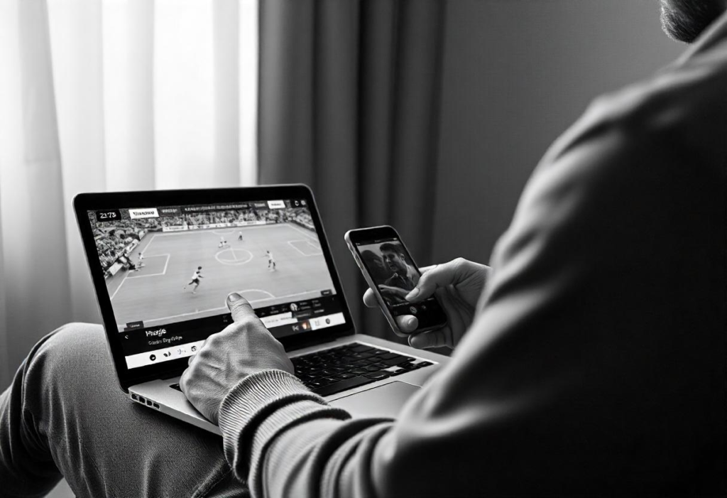 Live sports streaming on a laptop and smartphone.