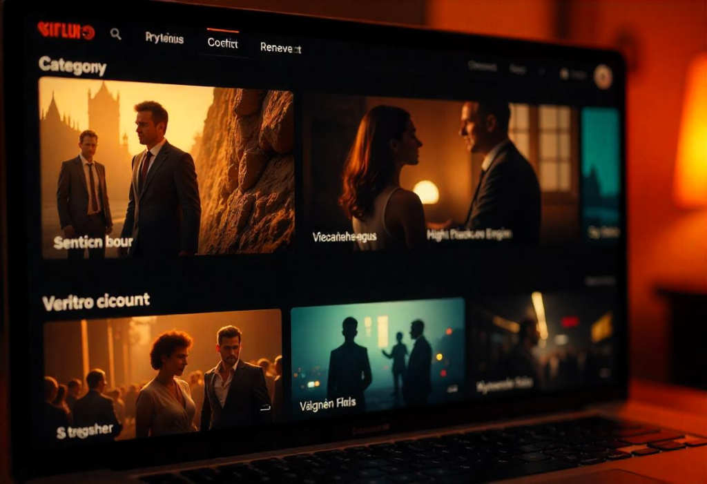 A digital streaming platform interface displaying a selection of HD movies with Swedish subtitles. The layout features movie thumbnails, a search bar, and category filters for easy navigation. The background has a sleek, dark theme, enhancing the cinematic experience.