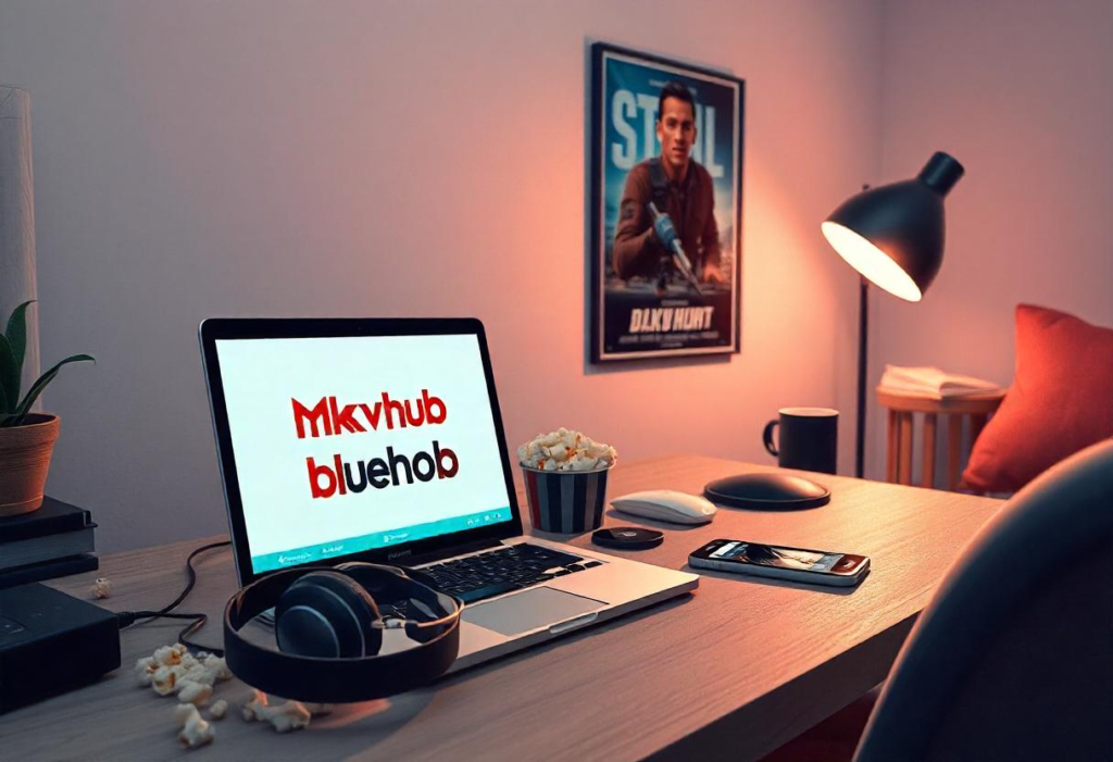 A cozy movie lover’s workspace featuring a laptop displaying "Mkvhub," a smartphone showing a movie downloading, popcorn, and headphones on a cluttered desk