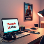 A cozy movie lover’s workspace featuring a laptop displaying "Mkvhub," a smartphone showing a movie downloading, popcorn, and headphones on a cluttered desk