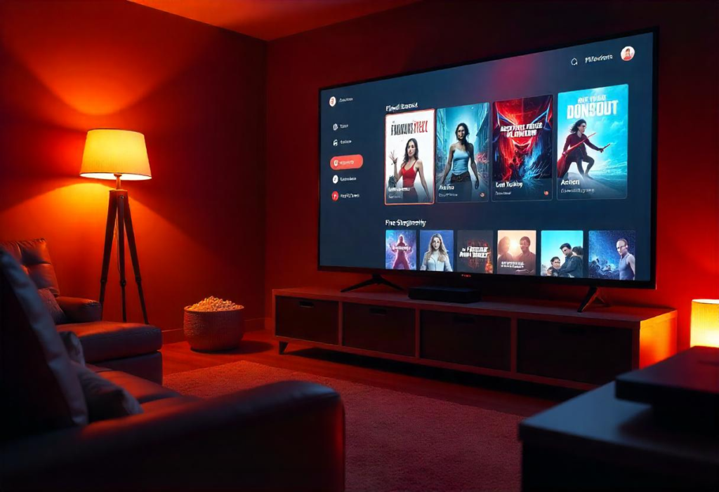 A visually engaging digital artwork showcasing a cinematic experience in an Fmovies style. The image features a widescreen display with a vibrant movie interface, highlighting various genres like action, comedy, and drama. A cozy home theater setup with dim lighting, a popcorn bucket, and a streaming device adds to the immersive feel. The overall color scheme is dark with neon highlights, giving it a sleek, modern streaming aesthetic.