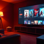 A visually engaging digital artwork showcasing a cinematic experience in an Fmovies style. The image features a widescreen display with a vibrant movie interface, highlighting various genres like action, comedy, and drama. A cozy home theater setup with dim lighting, a popcorn bucket, and a streaming device adds to the immersive feel. The overall color scheme is dark with neon highlights, giving it a sleek, modern streaming aesthetic.