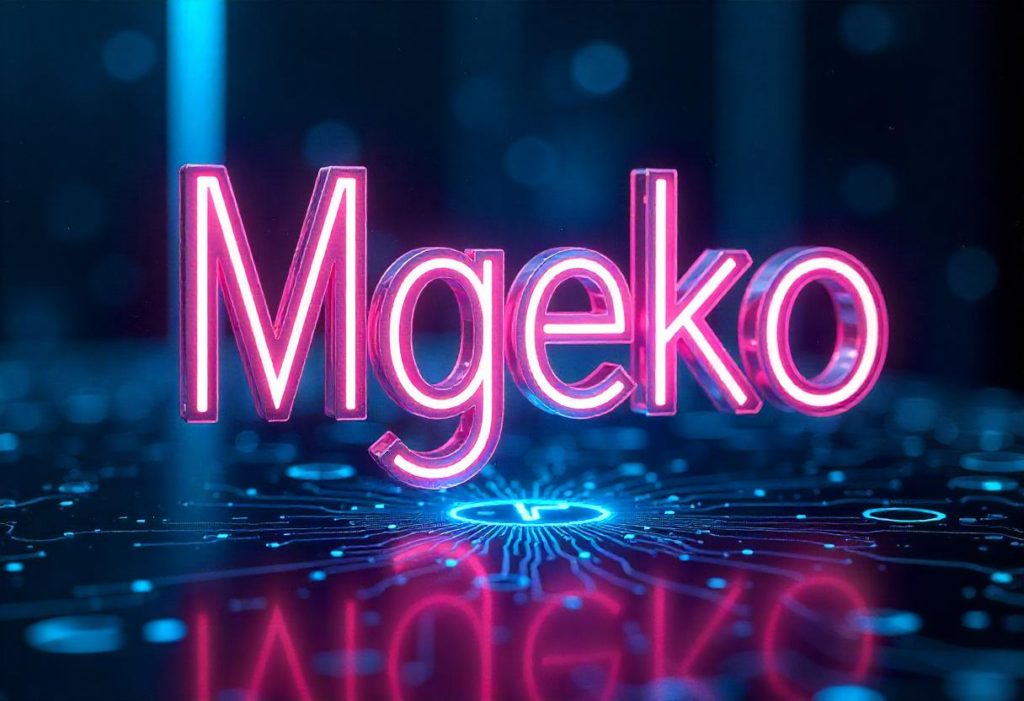 Mgeko – A futuristic digital concept with neon glowing text, holographic elements, and a high-tech cybernetic background.