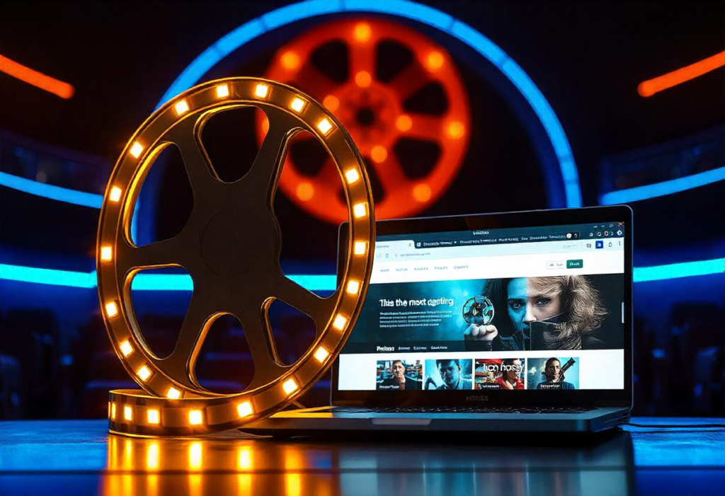 A cinematic digital landscape featuring a glowing movie reel, a laptop screen displaying a streaming website, and a play button icon, set against a dark theater background with a futuristic blue and neon glow, symbolizing online movie streaming and digital entertainment.