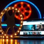 A cinematic digital landscape featuring a glowing movie reel, a laptop screen displaying a streaming website, and a play button icon, set against a dark theater background with a futuristic blue and neon glow, symbolizing online movie streaming and digital entertainment.