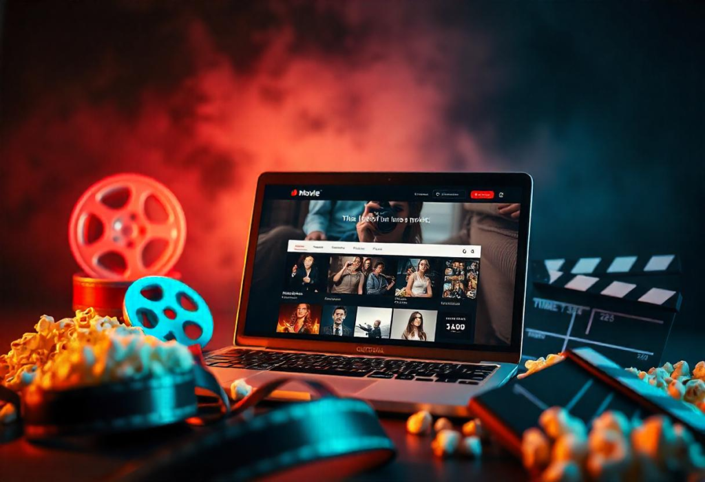 Laptop screen displaying a movie streaming website with film reels, popcorn, and a clapperboard in a cinematic setting.