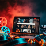 Laptop screen displaying a movie streaming website with film reels, popcorn, and a clapperboard in a cinematic setting.