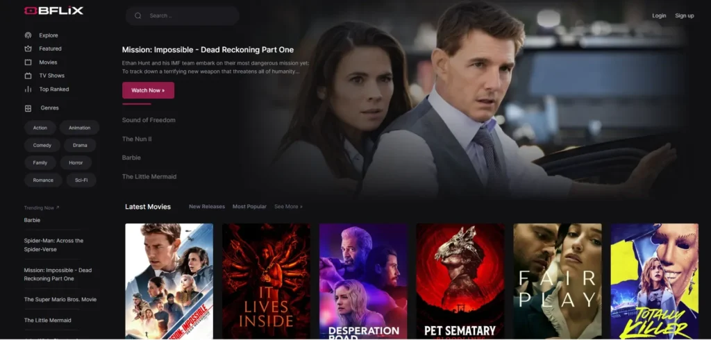 A screenshot of the Bflixz homepage showcasing a wide selection of movies and TV shows available for free streaming.